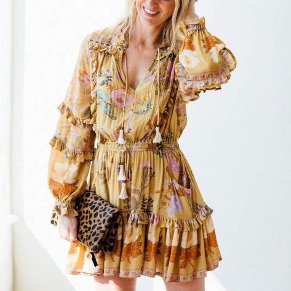 Dresses & Skirts - Boho 60’s Floral Gypsy Print Ruffle Dress Yellow
